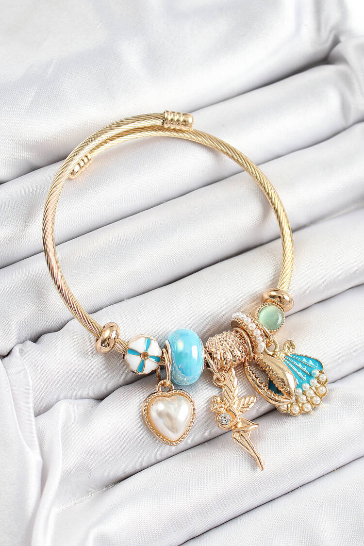 316l Steel Blue Zircon Stone Star Angel Oyster And Heart Model Gold Color Charm Bracelet - Brand: Ebijuteri - Women's Clothing Wholesale - Globality Store