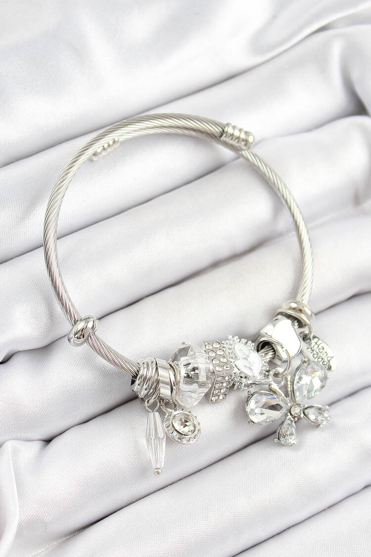 316l Steel White Zircon Stone Butterfly Pattern Silver Color Charm Bracelet - Brand: Ebijuteri - Women's Clothing Wholesale - Globality Store