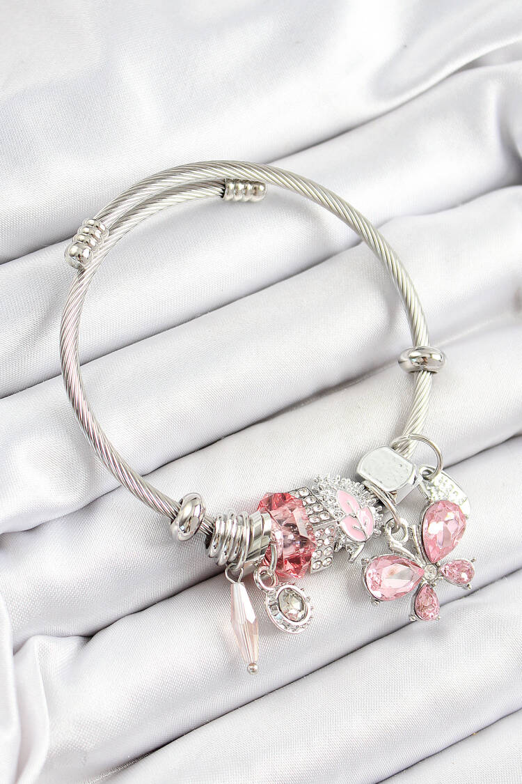 316l Steel Pink Zircon Stone Butterfly Pattern Silver Color Charm Bracelet - Brand: Ebijuteri - Women's Clothing Wholesale - Globality Store