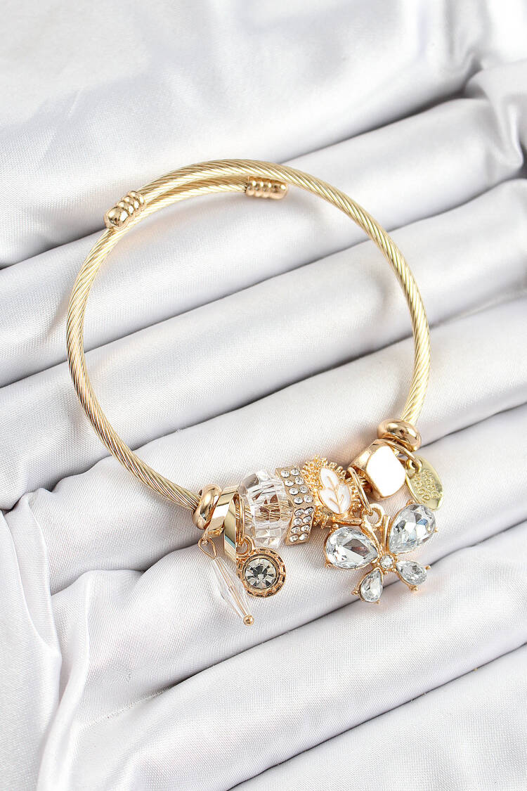 316l Steel White Zircon Stone Butterfly Model Gold Color Charm Bracelet - Brand: Ebijuteri - Women's Clothing Wholesale - Globality Store