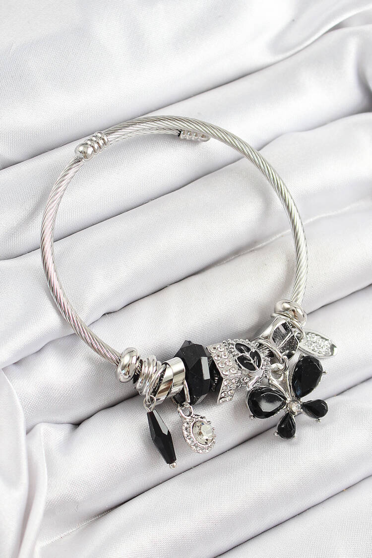 316l Steel Black Zircon Stone Star Butterfly Model Silver Color Charm Bracelet - Brand: Ebijuteri - Women's Clothing Wholesale - Globality Store