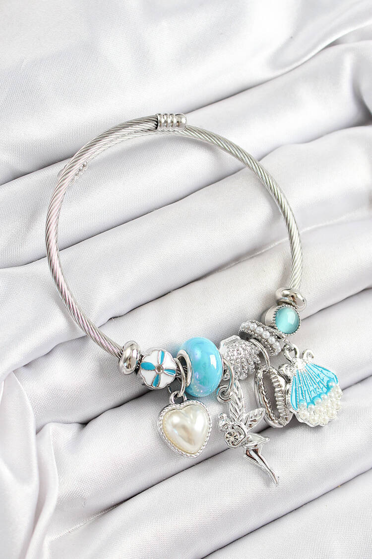 316l Steel Blue Zircon Stone Star Angel Oyster And Heart Pattern Silver Color Charm Bracelet - Brand: Ebijuteri - Women's Clothing Wholesale - Globality Store
