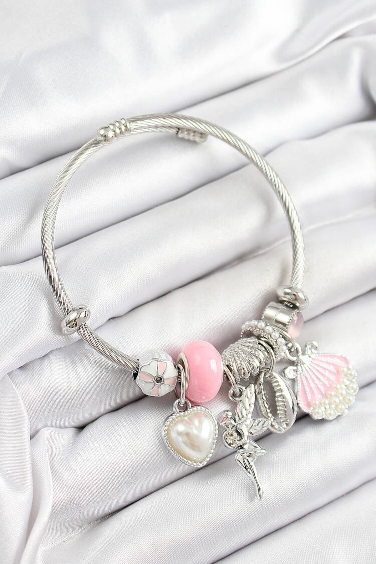 316l Steel Pink Zircon Stone Star Angel Oyster And Heart Pattern Silver Color Charm Bracelet - Brand: Ebijuteri - Women's Clothing Wholesale - Globality Store