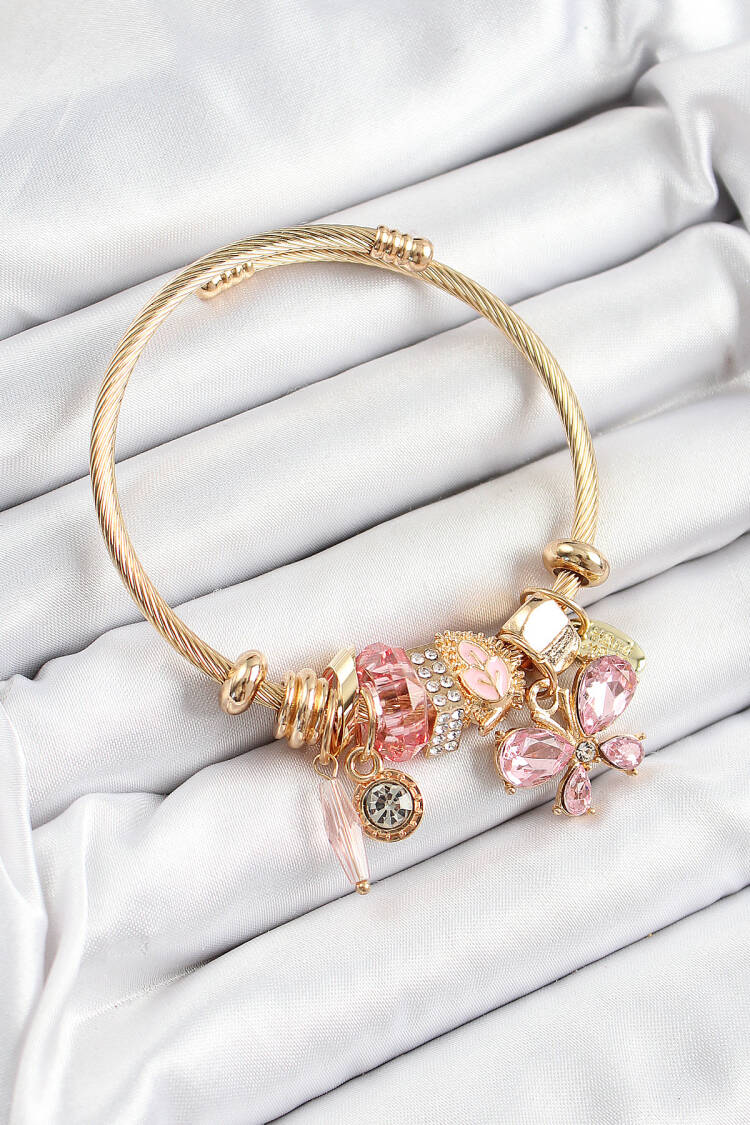 316l Steel Pink Zircon Stone Butterfly Model Gold Color Charm Bracelet - Brand: Ebijuteri - Women's Clothing Wholesale - Globality Store