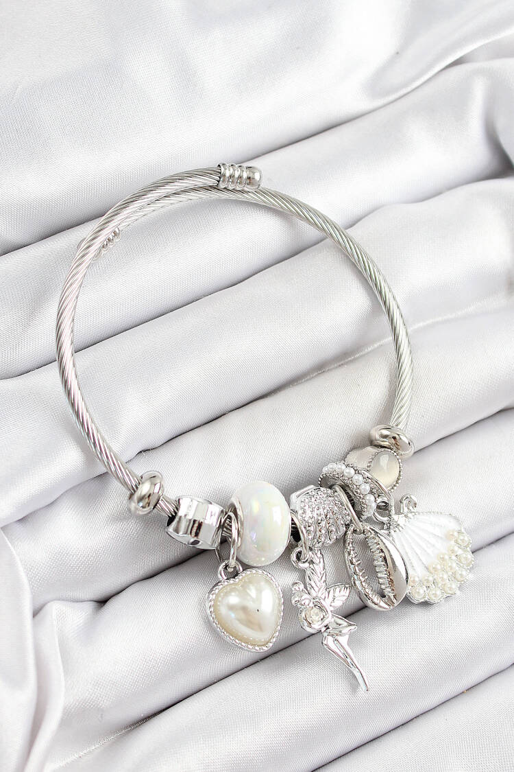 316l Steel White Zircon Stone Star Angel Oyster And Heart Pattern Silver Color Charm Bracelet - Brand: Ebijuteri - Women's Clothing Wholesale - Globality Store