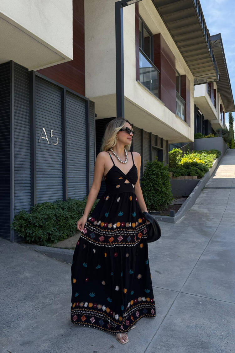 Black Boho Floral Sleeveless Slip Dress