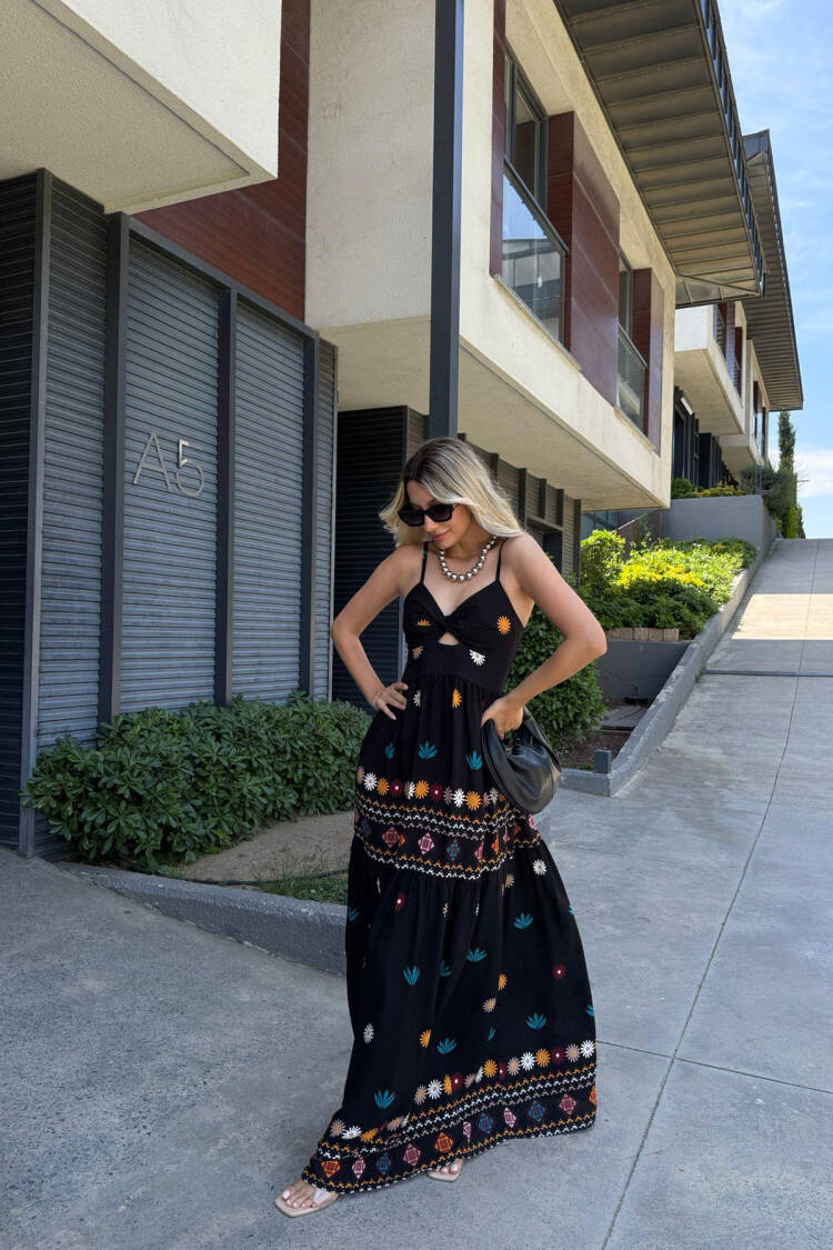 Black Boho Floral Sleeveless Slip Dress