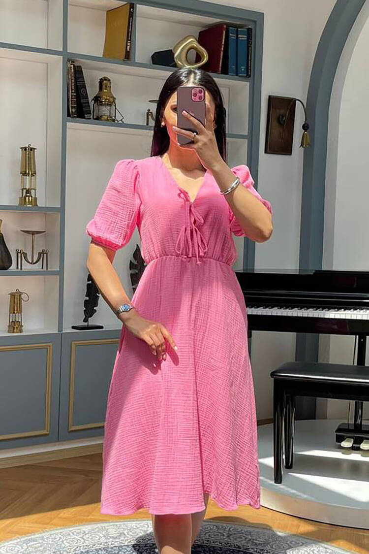 Fit And Flare Dress With Puff Half Sleeves - Brand: Mode Roy - Women's Clothing Wholesale - Globality Store