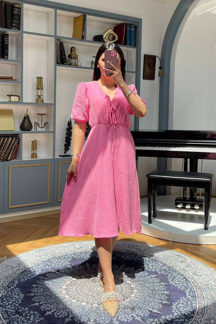 Fit And Flare Dress With Puff Half Sleeves