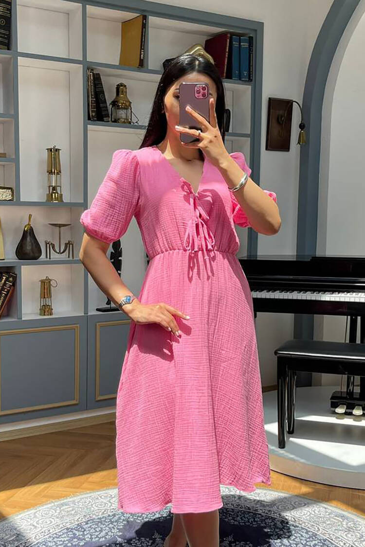 Fit And Flare Dress With Puff Half Sleeves