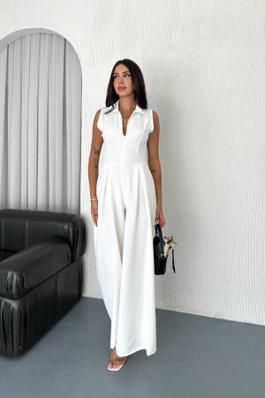 White Tailored Elegant Sleeveless Jumpsuit - Brand: Mode Roy - Women's Clothing Wholesale - Globality Store