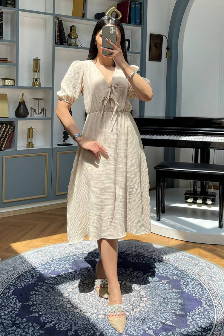 Fit And Flare Dress With Puff Half Sleeves - Brand: Mode Roy - Women's Clothing Wholesale - Globality Store
