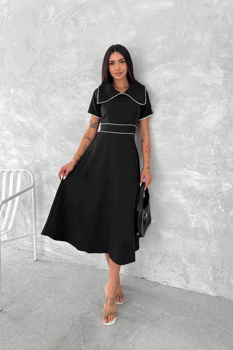 Elegant A-Line Midi Dress With Notched Neck
