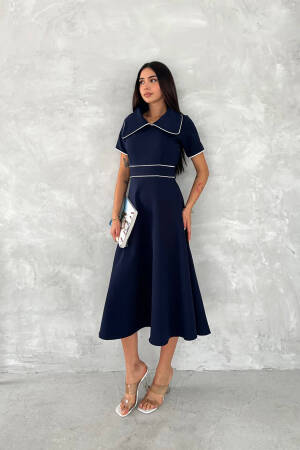 Elegant A-Line Midi Dress With Notched Neck - Brand: Mode Roy - Women's Clothing Wholesale - Globality Store