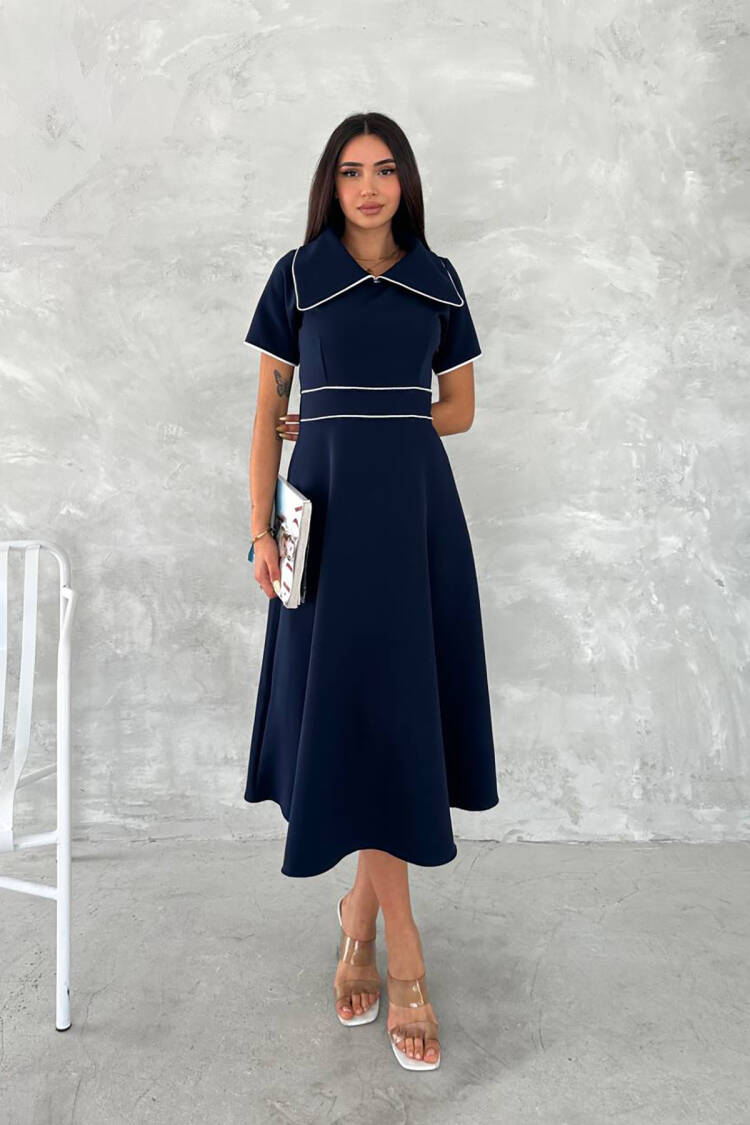 Elegant A-Line Midi Dress With Notched Neck - Brand: Mode Roy - Women's Clothing Wholesale - Globality Store