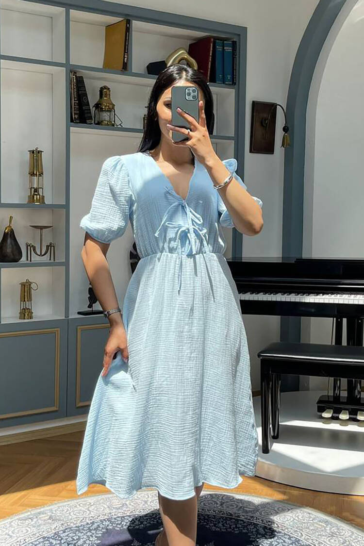 Puff Sleeve Fit And Flare Dress - Brand: Mode Roy - Women's Clothing Wholesale - Globality Store