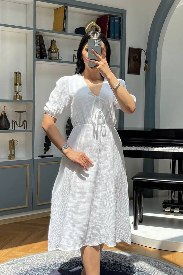 A-Line Puff Sleeve Midi Dress