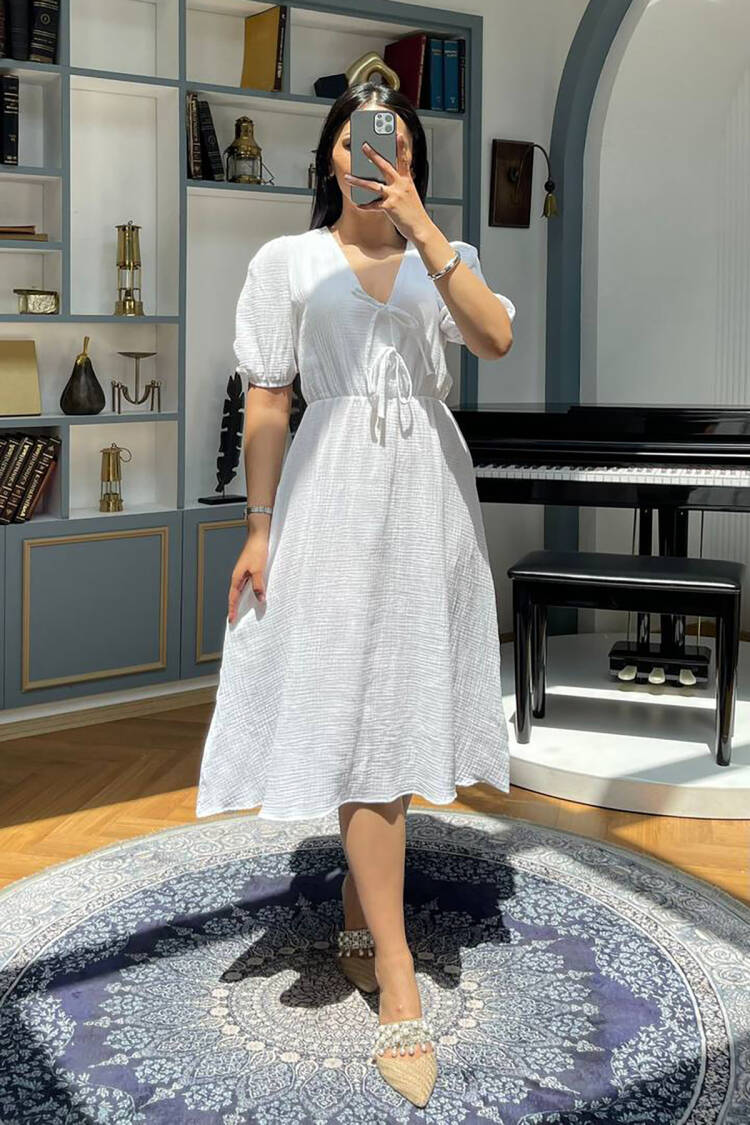A-Line Puff Sleeve Midi Dress - Brand: Mode Roy - Women's Clothing Wholesale - Globality Store