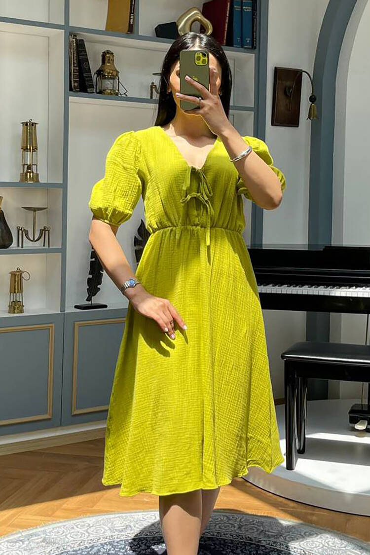 Yellow A-Line Puff Sleeve Midi Dress - Brand: Mode Roy - Women's Clothing Wholesale - Globality Store