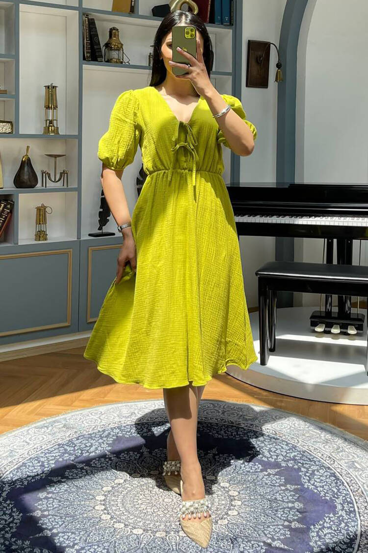 Yellow A-Line Puff Sleeve Midi Dress