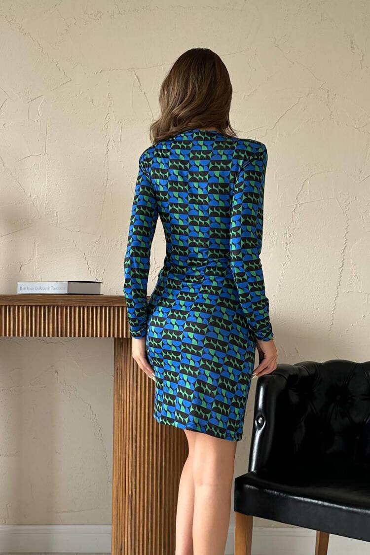 Blue Geometric Mini Sheath Dress With Long Sleeves