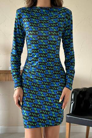 Blue Geometric Mini Sheath Dress With Long Sleeves - Brand: Elisa - Women's Clothing Wholesale - Globality Store