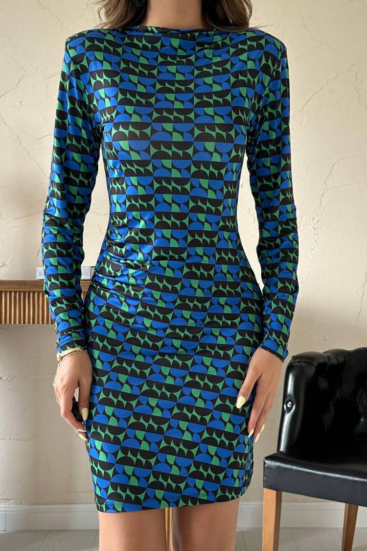 Blue Geometric Mini Sheath Dress With Long Sleeves