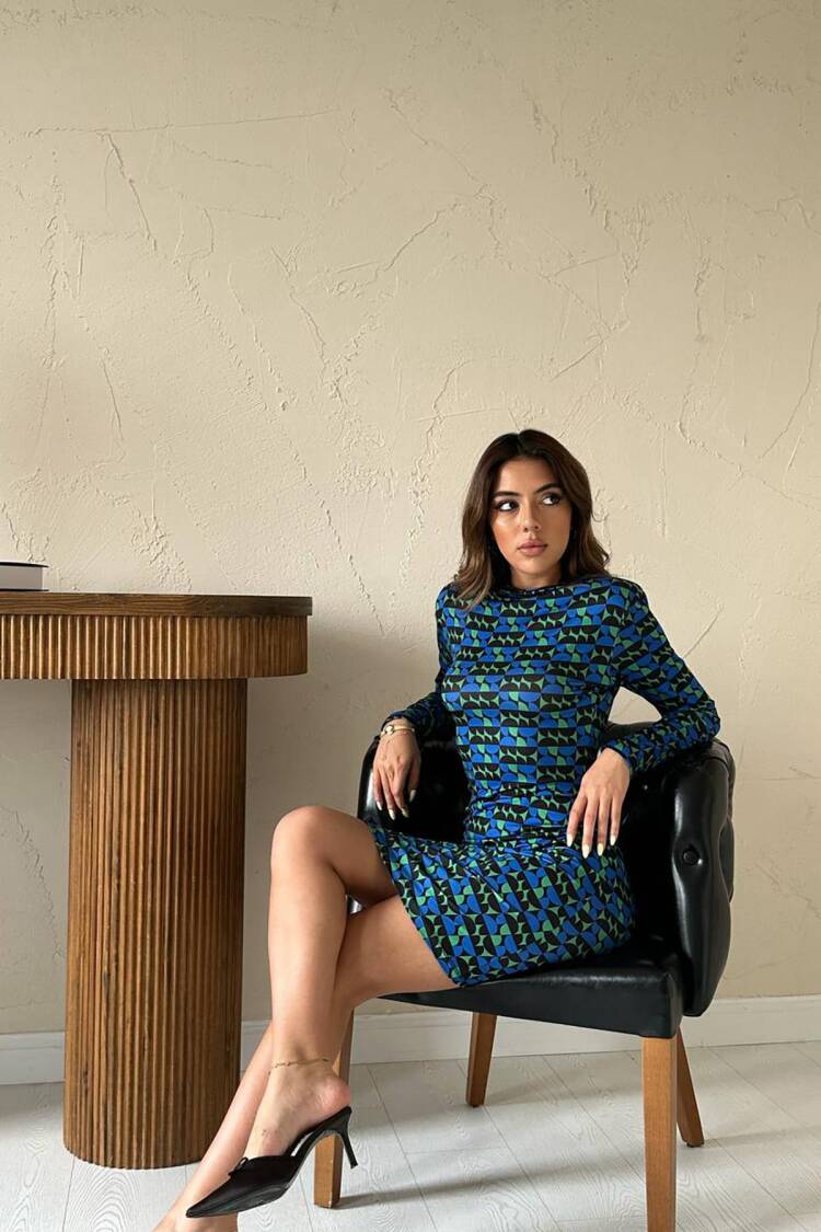 Blue Geometric Mini Sheath Dress With Long Sleeves