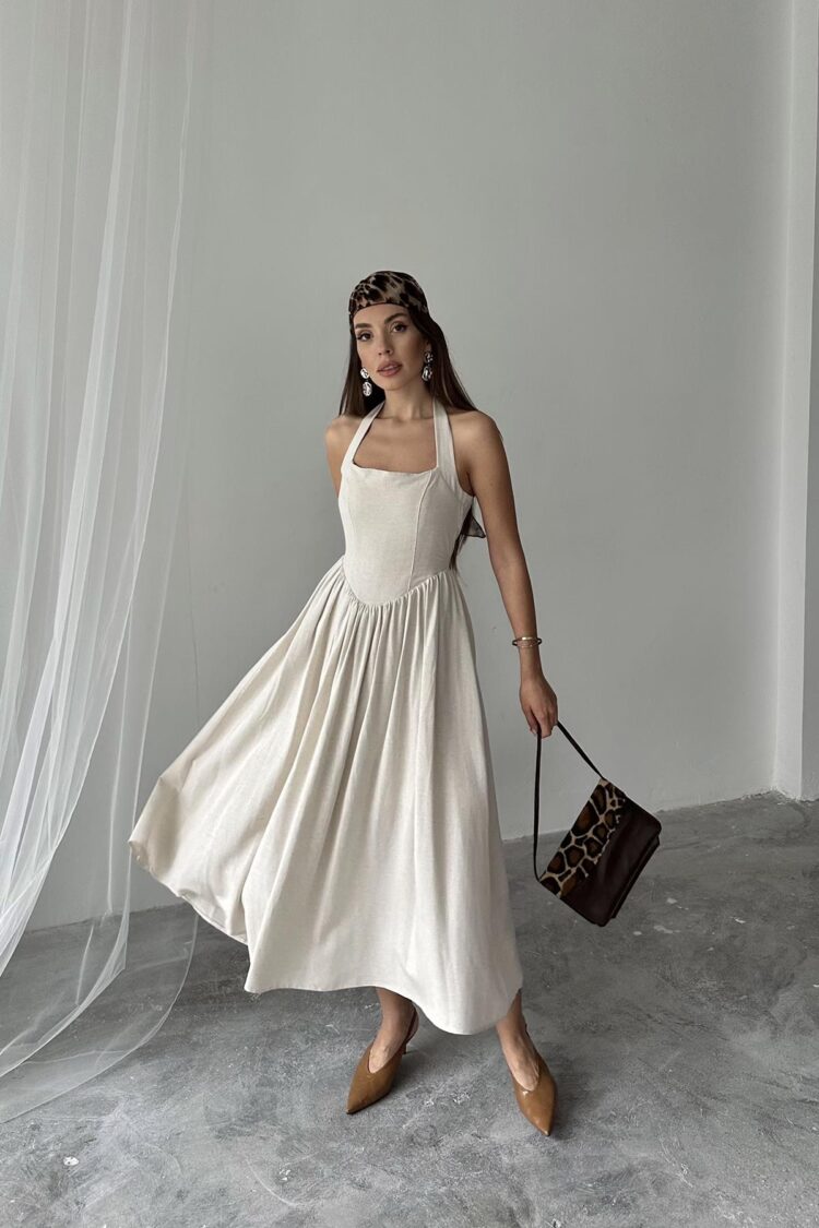 WholesaleNeck Tie Up Linen Dress