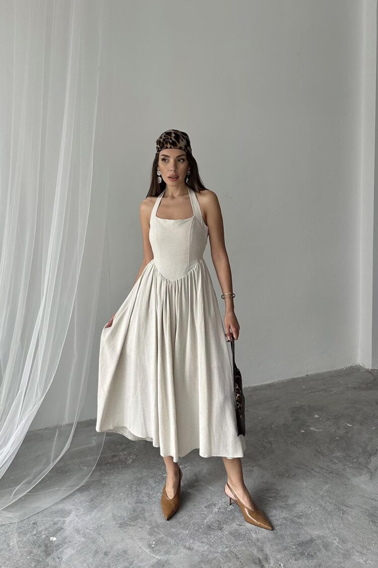WholesaleNeck Tie Up Linen Dress