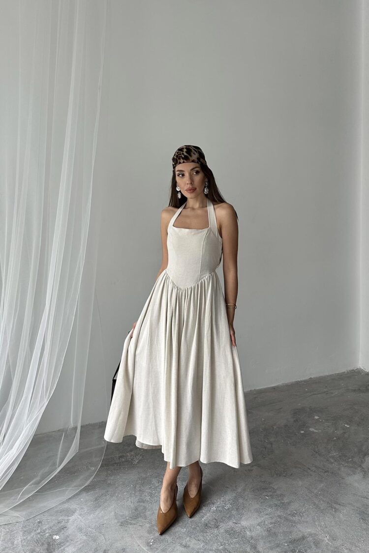 WholesaleNeck Tie Up Linen Dress