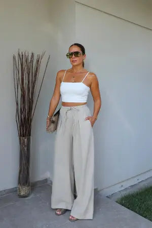 Beige Wide Leg Palazzo Pants With Drawstring - Brand: Cream Rouge - Women's Clothing Wholesale - Globality Store