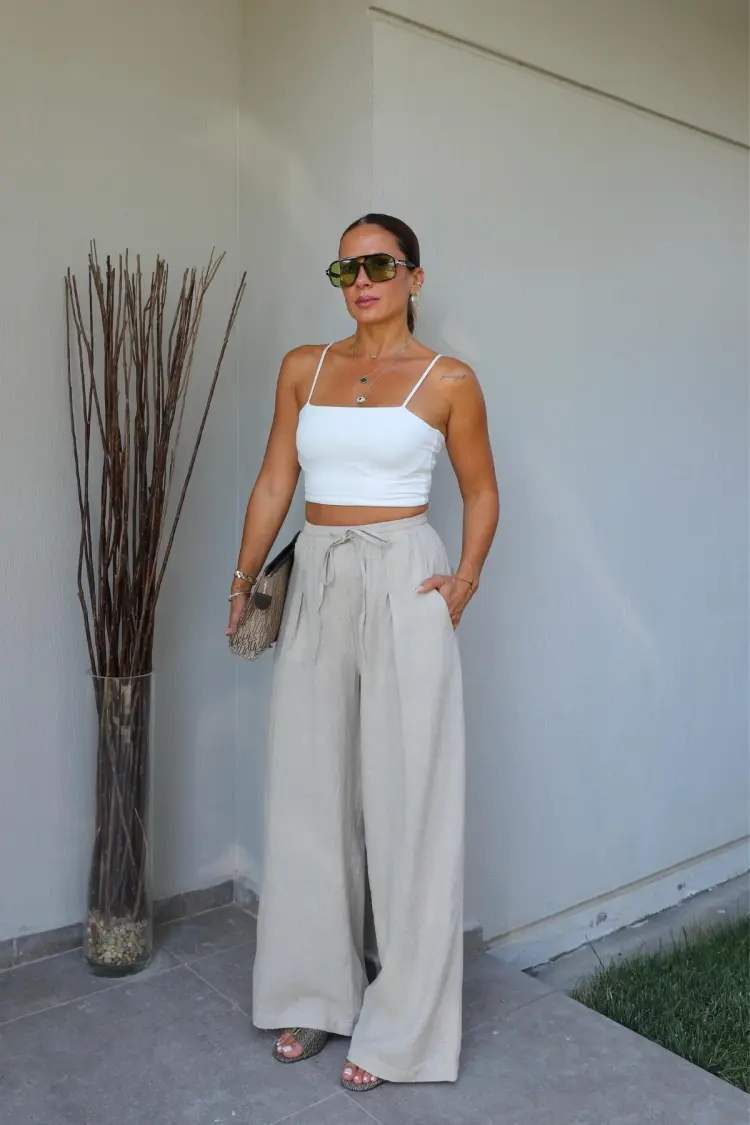 Beige Wide Leg Palazzo Pants With Drawstring - Brand: Cream Rouge - Women's Clothing Wholesale - Globality Store