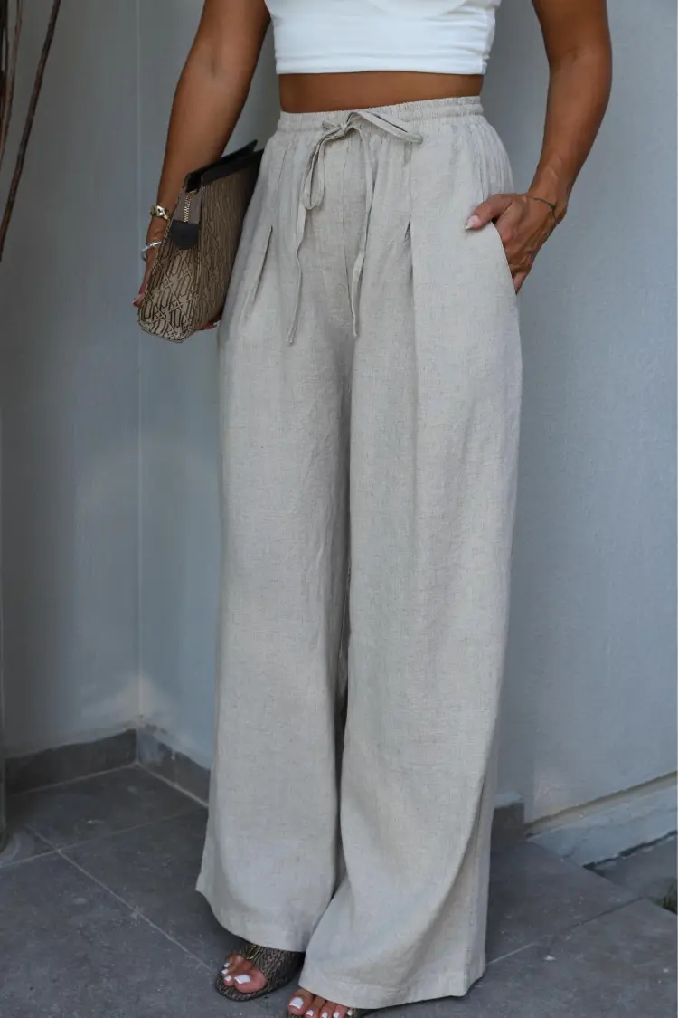 Beige Wide Leg Palazzo Pants With Drawstring