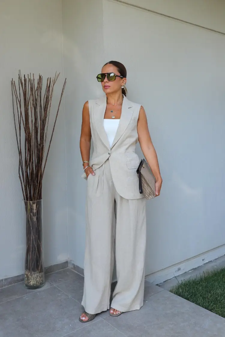 Beige Wide Leg Palazzo Pants With Drawstring