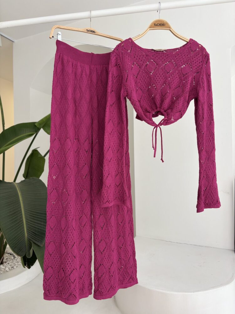 Chest Lace Detailed Openwork Blouse Pants Suit