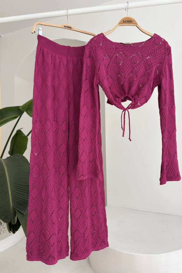 Chest Lace Detailed Openwork Blouse Pants Suit