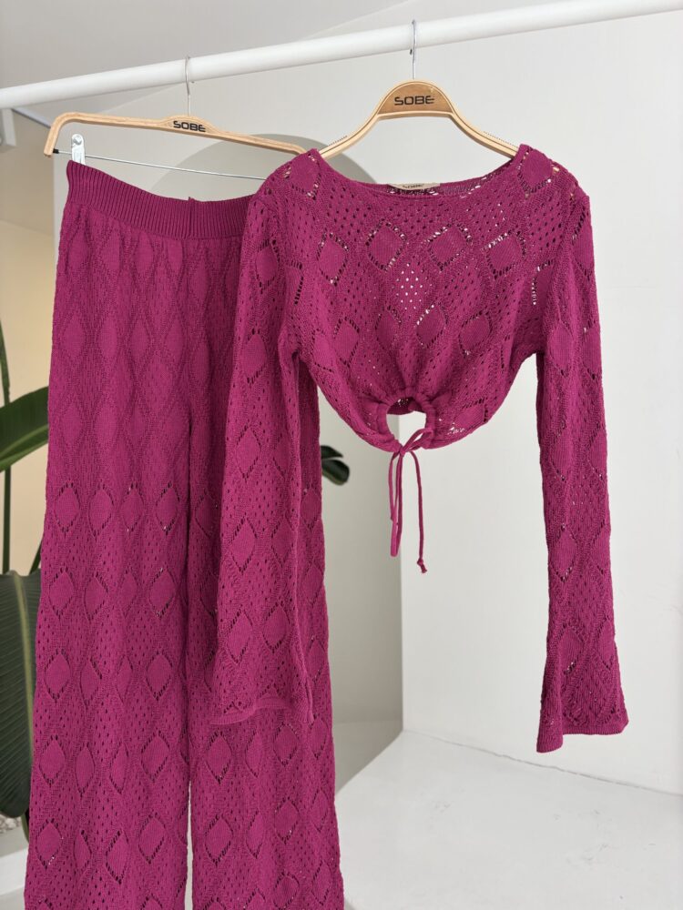 Chest Lace Detailed Openwork Blouse Pants Suit
