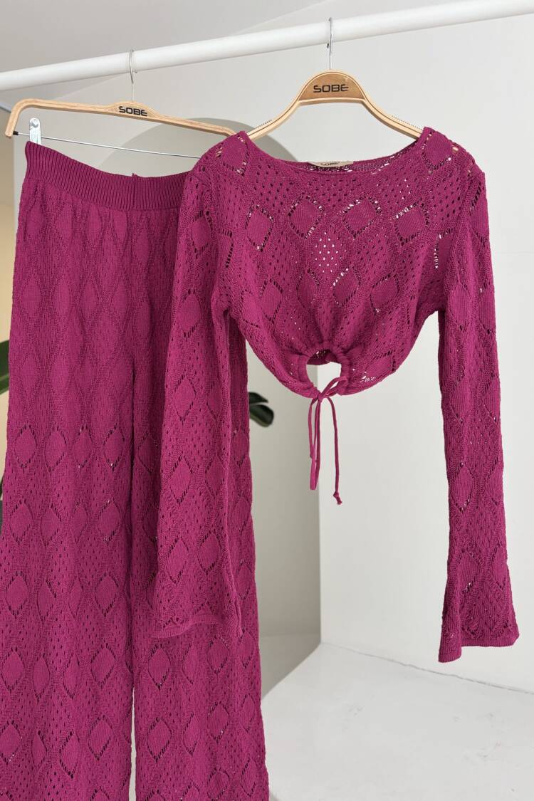 Chest Lace Detailed Openwork Blouse Pants Suit