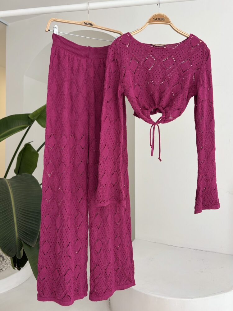 Chest Lace Detailed Openwork Blouse Pants Suit