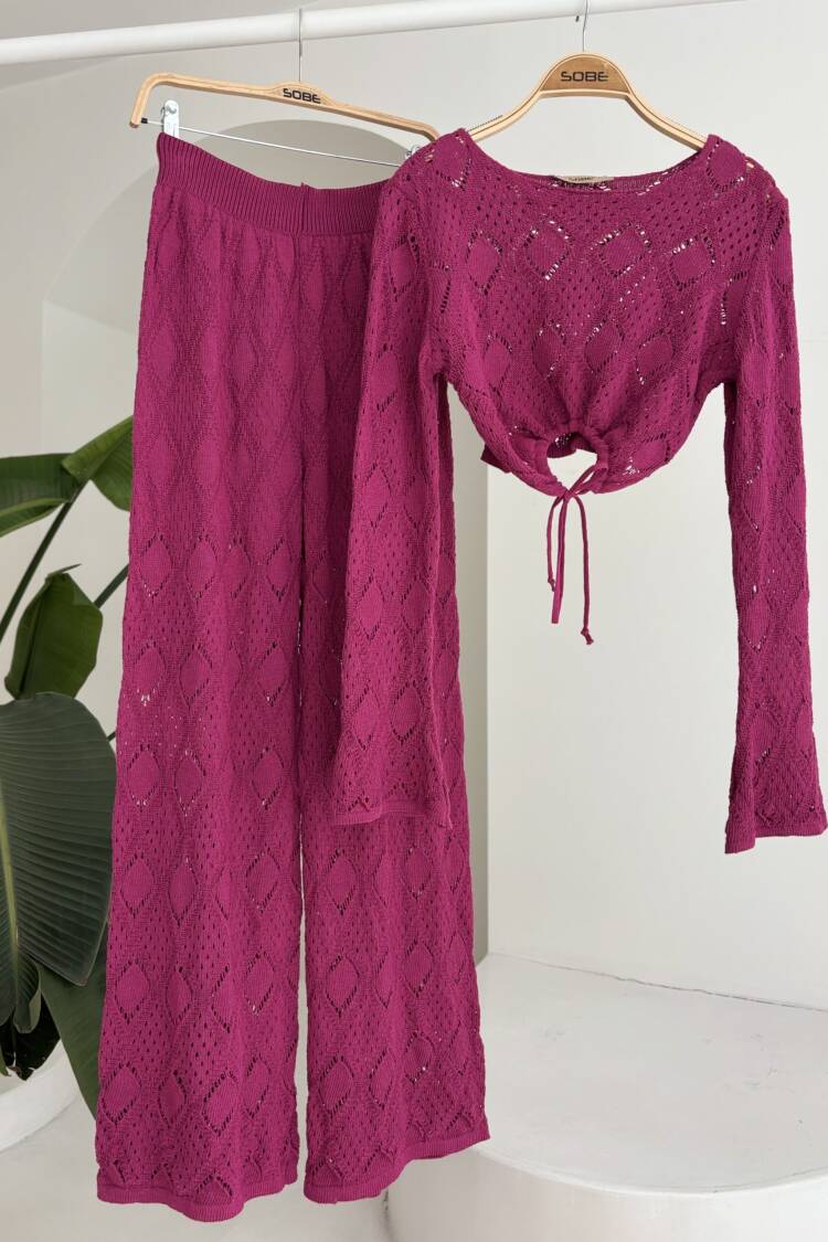 Chest Lace Detailed Openwork Blouse Pants Suit