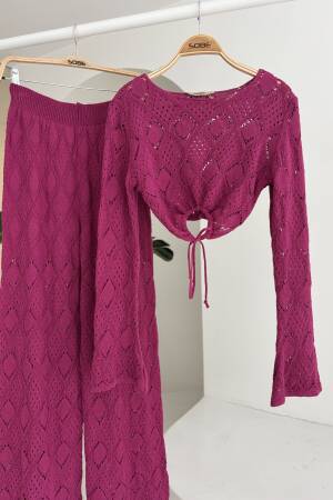 Chest Lace Detailed Openwork Blouse Pants Suit