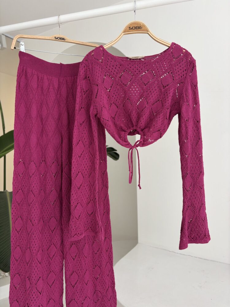 Chest Lace Detailed Openwork Blouse Pants Suit