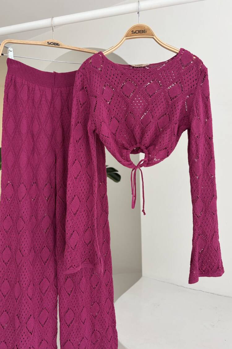 Chest Lace Detailed Openwork Blouse Pants Suit
