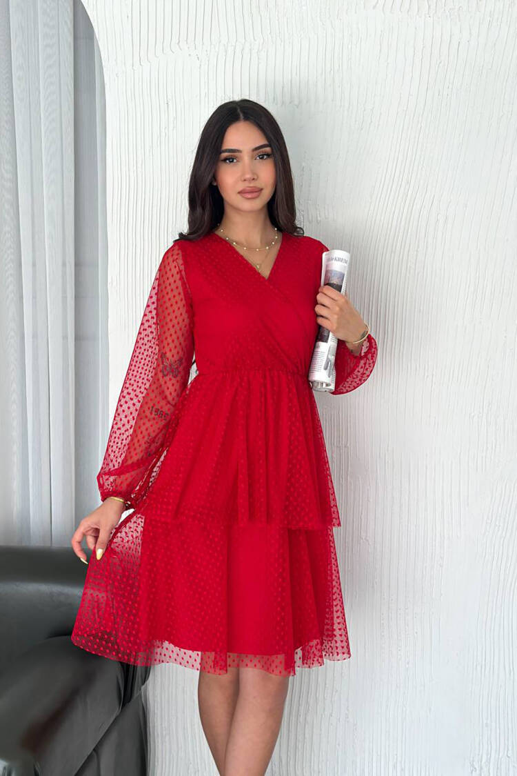 Red Polka Dot Wrap Midi Dress With Long V-Neck Sleeve