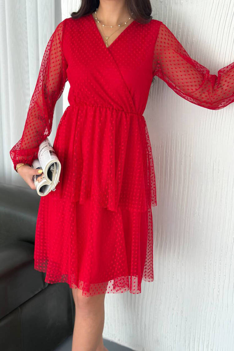 Red Polka Dot Wrap Midi Dress With Long V-Neck Sleeve - Brand: Mode Roy - Women's Clothing Wholesale - Globality Store