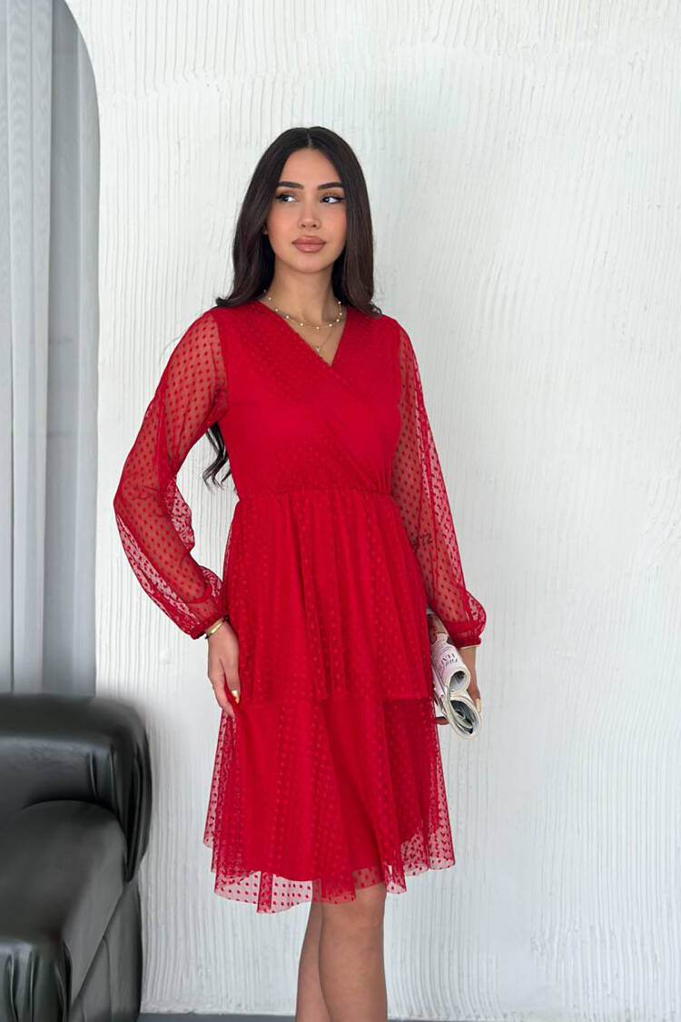 Red Polka Dot Wrap Midi Dress With Long V-Neck Sleeve