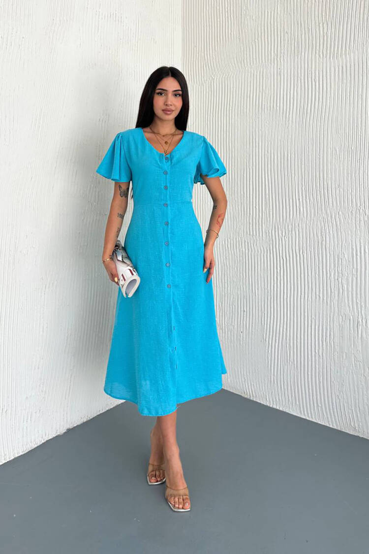 Fit And Flare Dress With V-Neck And Flutter Sleeves