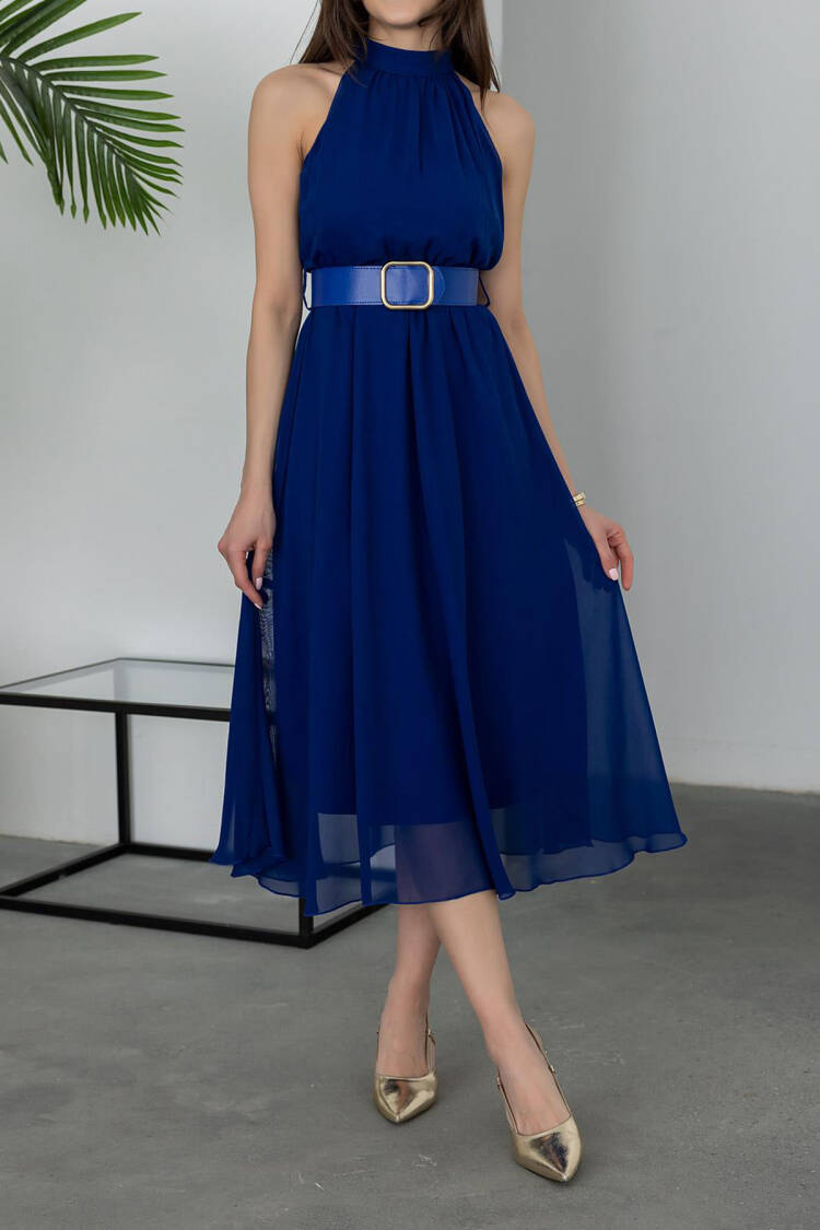 Navy Blue Elegant A-Line Midi Dress