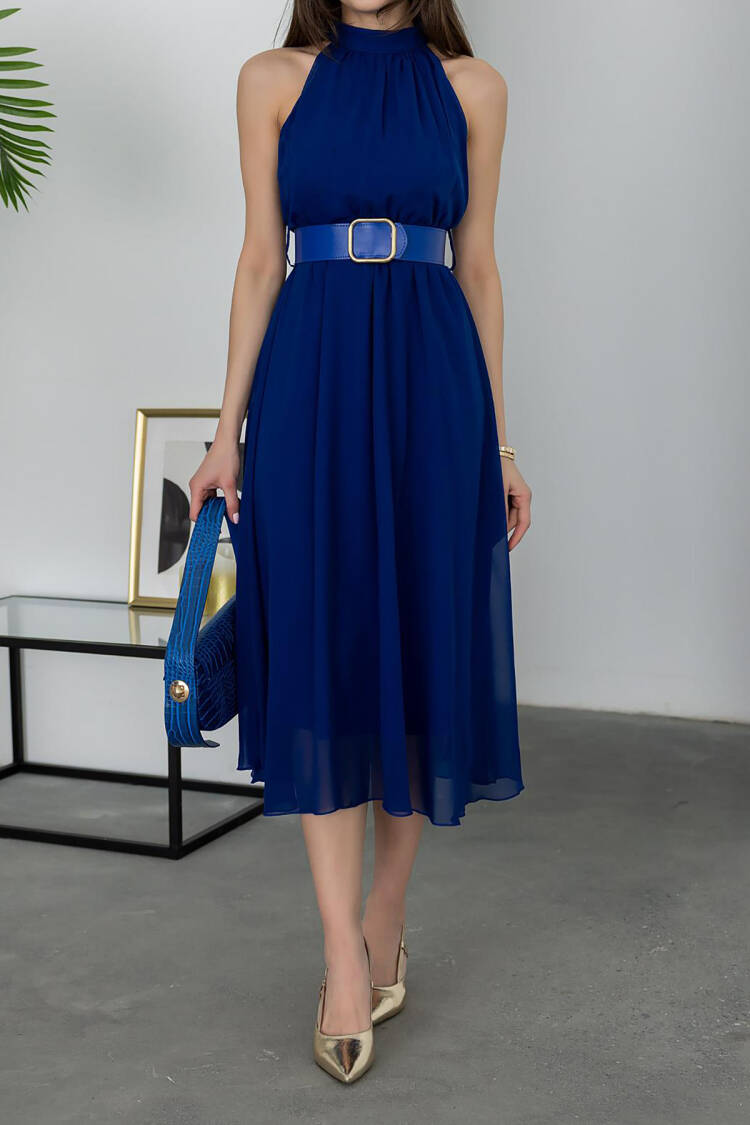 Navy Blue Elegant A-Line Midi Dress